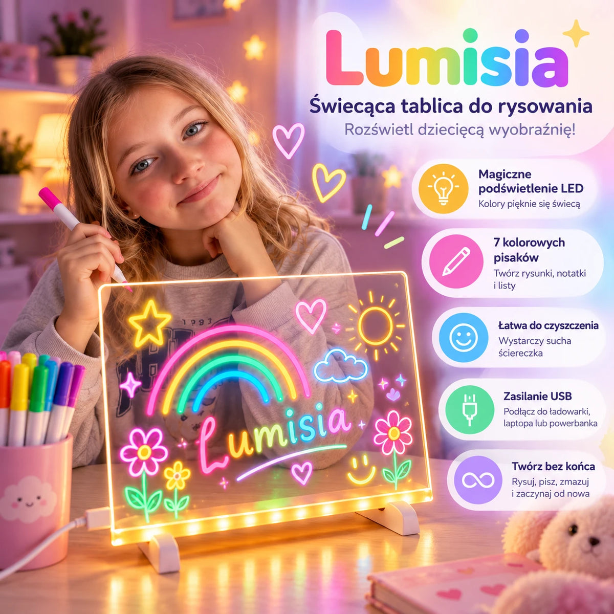 Lumisia — świecąca tablica do rysowania: podświetlenie LED, 7 pisaków, zasilanie USB
